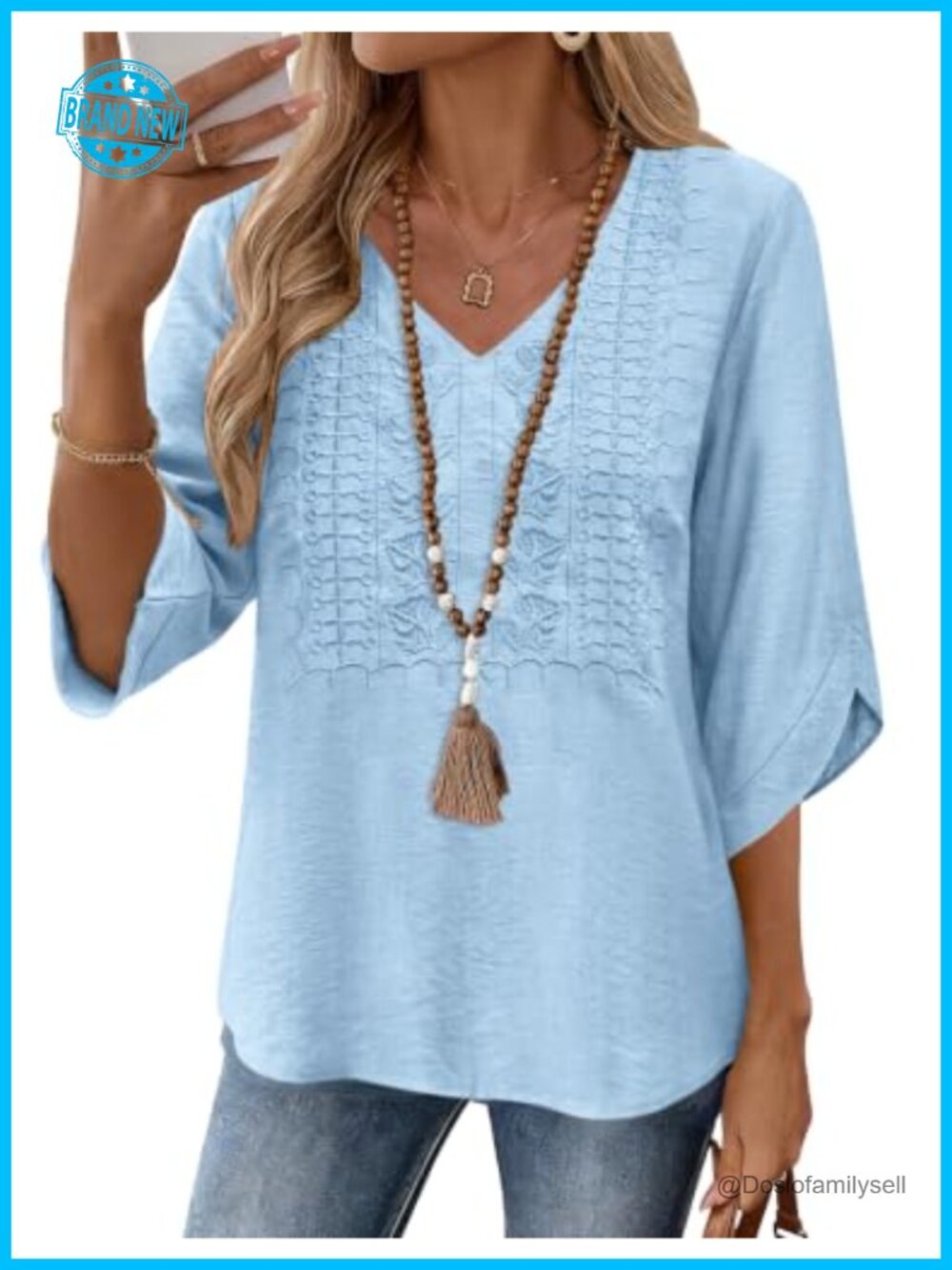 Womens Embroidered Lace Blouse 3/4 Bell Sleeve V-Neck Boho Top